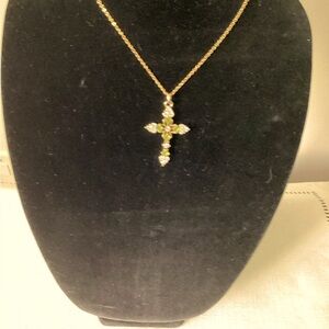 Green Cross Crystal Gold Tone Pendant Necklace